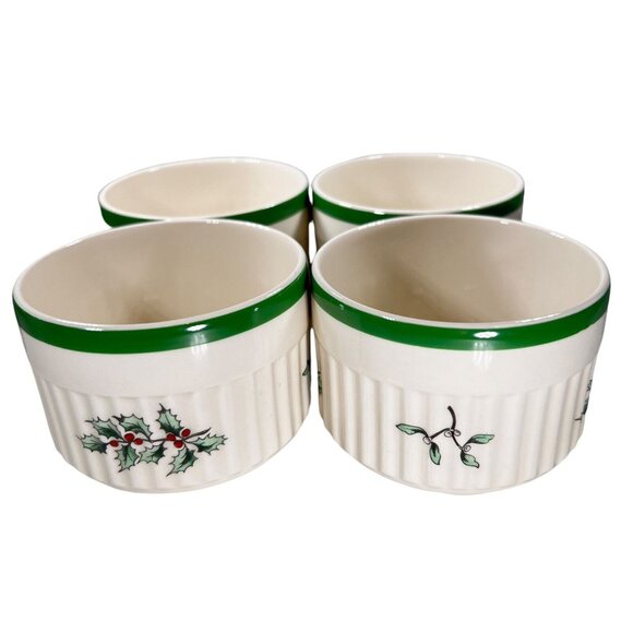 Spode Christmas Tree Ribbed Ramekin Bowl Set of 4 England Oven to Table Green - Picture 1 of 6